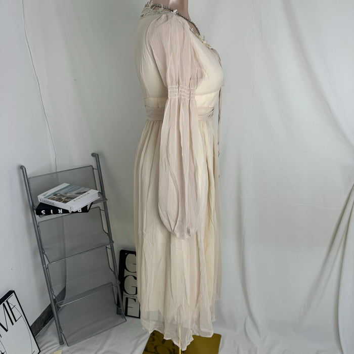 Square-Neck Long-Sleeve Chiffon Dress
