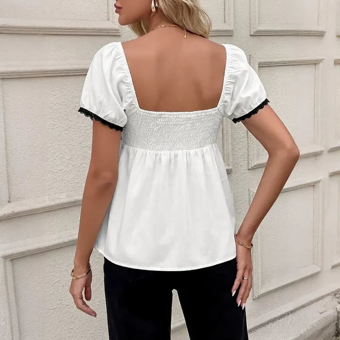 Square-Neck Short-Sleeve Top With Lace Detailing