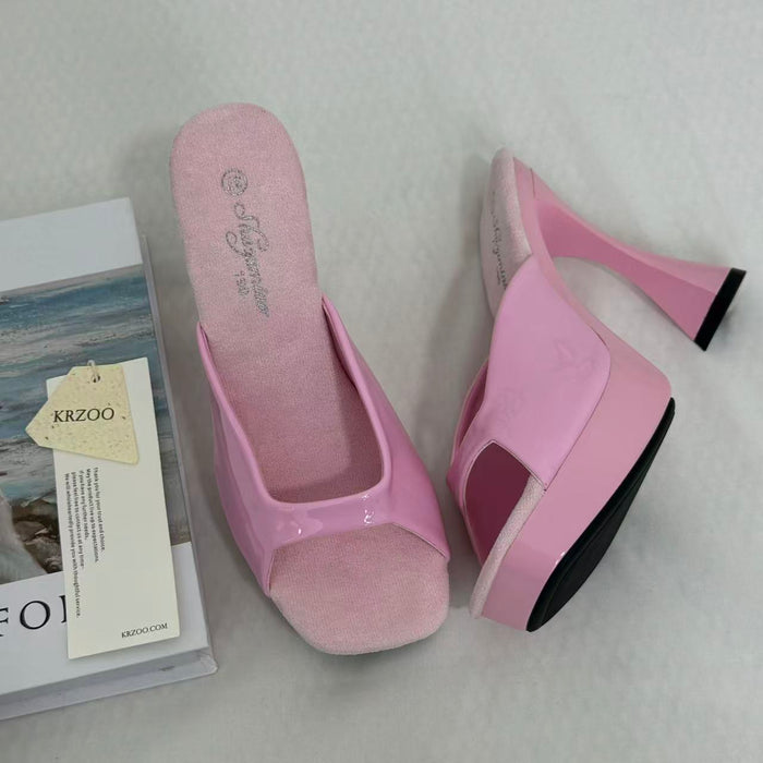 Square-Toe Crystal High Heels With Block Heels
