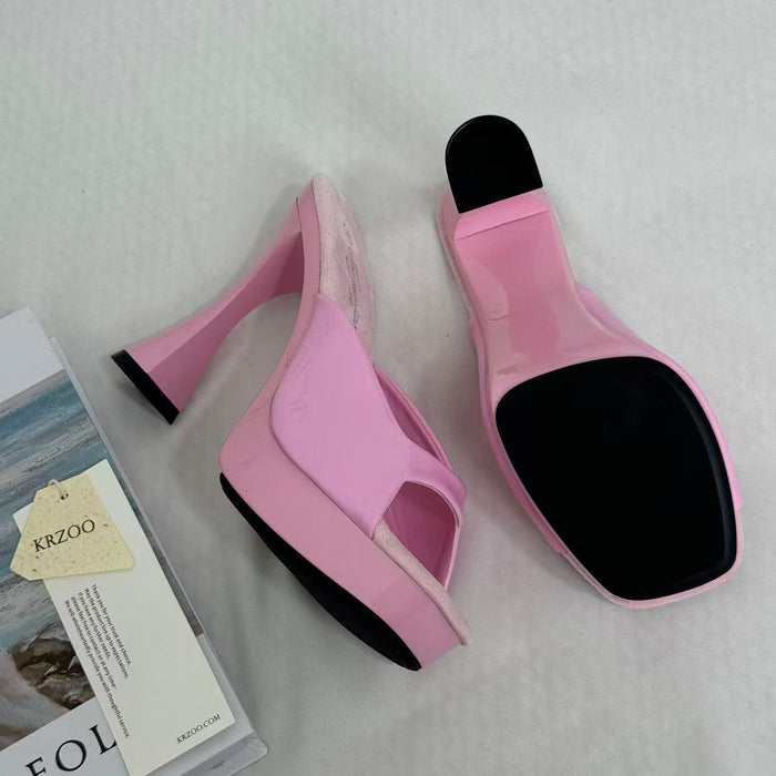 Square-Toe Crystal High Heels With Block Heels
