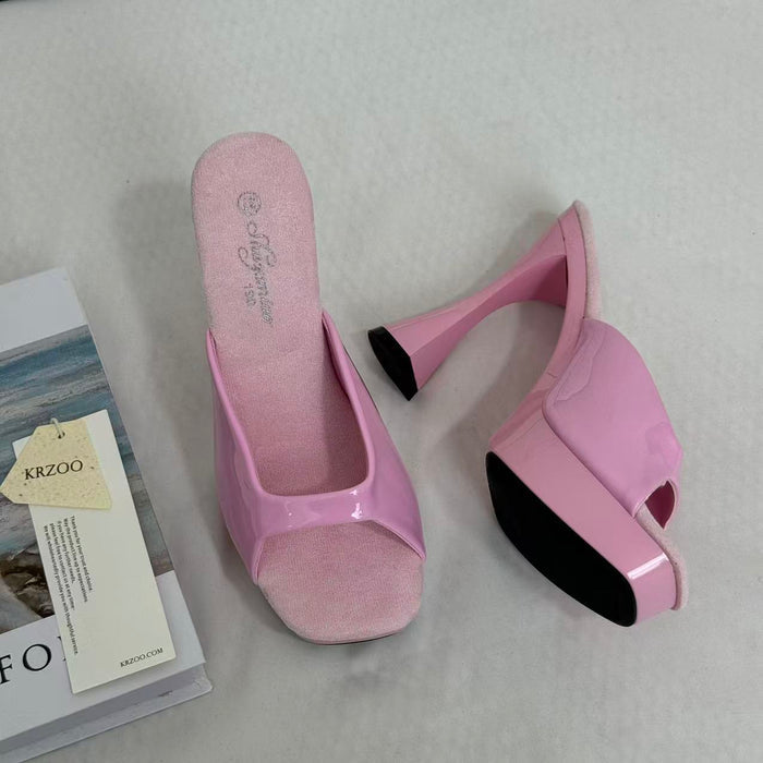 Square-Toe Crystal High Heels With Block Heels