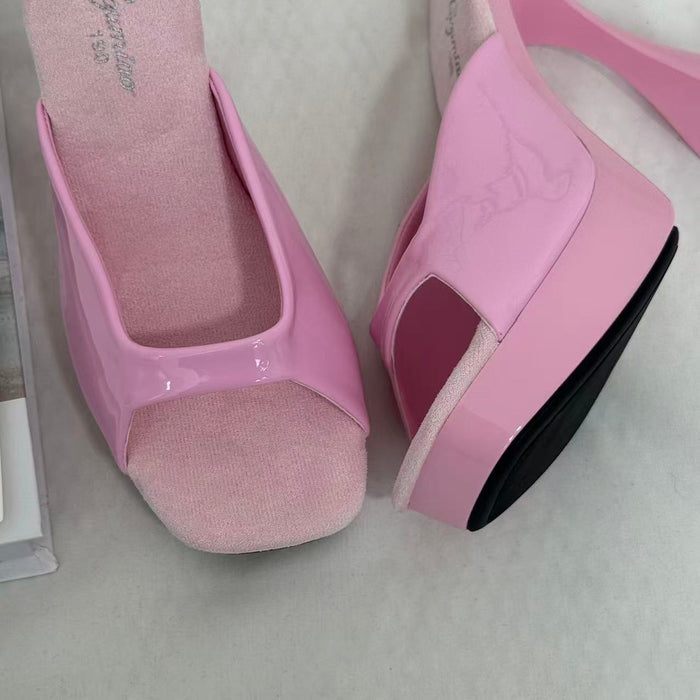 Square-Toe Crystal High Heels With Block Heels