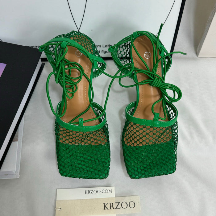 Square-toe lace-up high-heeled shoes