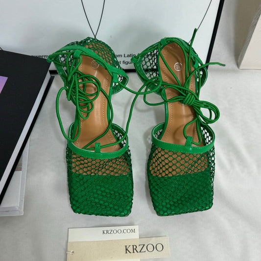 Square-toe lace-up high-heeled shoes