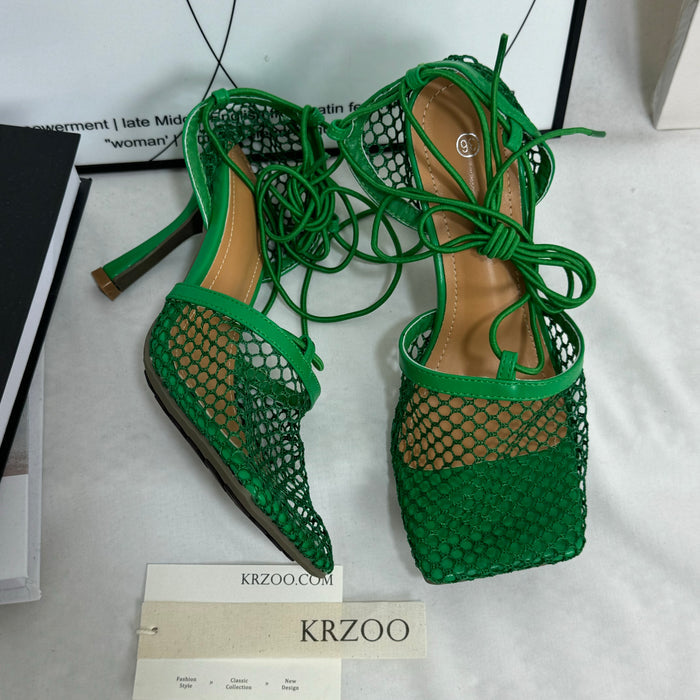 Square-toe lace-up high-heeled shoes
