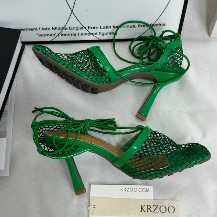 Square-toe lace-up high-heeled shoes