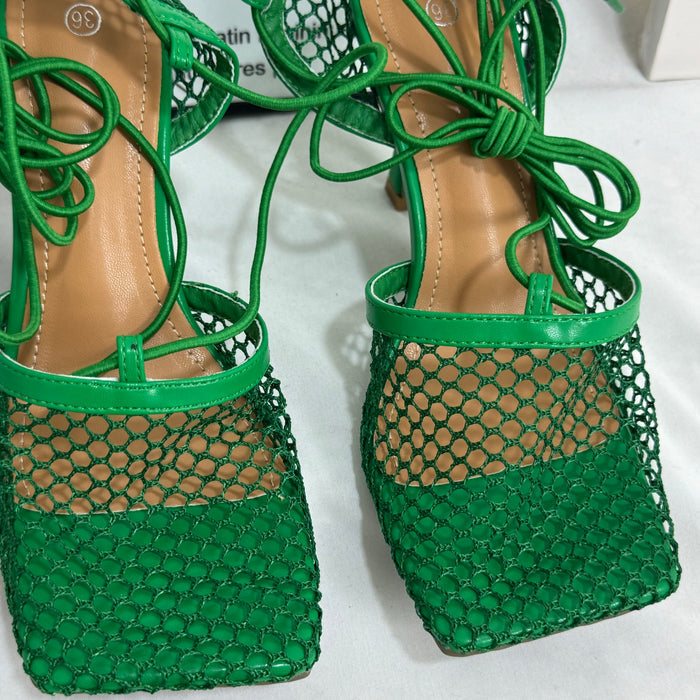 Square-toe lace-up high-heeled shoes