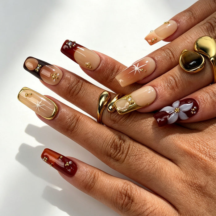Stellar Petal handmade square press on nails, elegant nude burgundy ombre gold pearl nail art on hand
