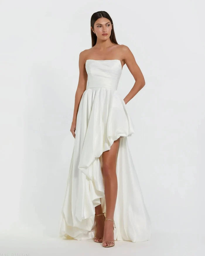 White Petite Strapless Ruched Gown Mac Duggal