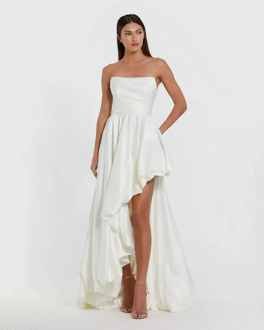 White Petite Strapless Ruched Gown Mac Duggal
