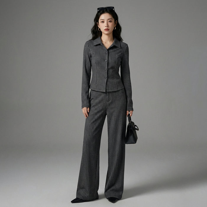 Ensemble décontracté rayé gris foncé pour femme - Koreanxwear - Taille S