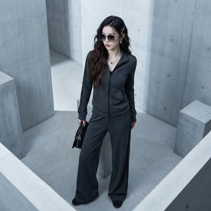 Ensemble décontracté rayé gris foncé pour femme - Koreanxwear