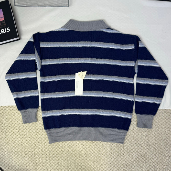 Striped polo-neck relaxed style knit top