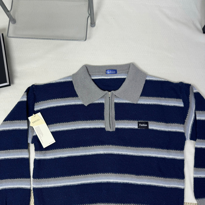 Striped polo-neck relaxed style knit top