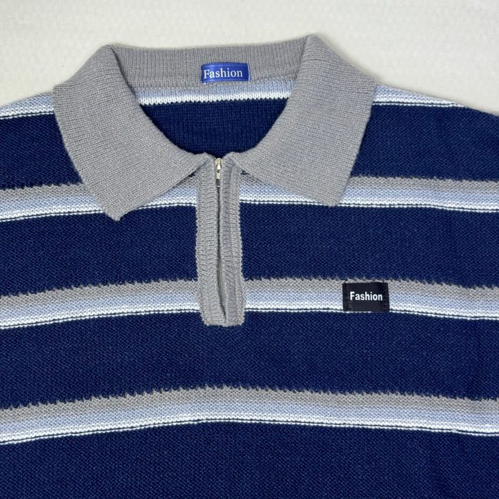 Striped polo-neck relaxed style knit top