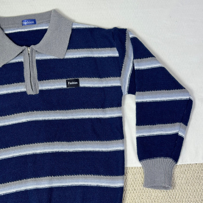 Striped polo-neck relaxed style knit top