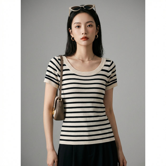Top tricoté rayé col rond manches courtes - K-fashion femme - Taille S