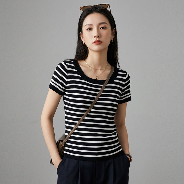 Top tricoté rayé col rond manches courtes - K-fashion femme - Taille S