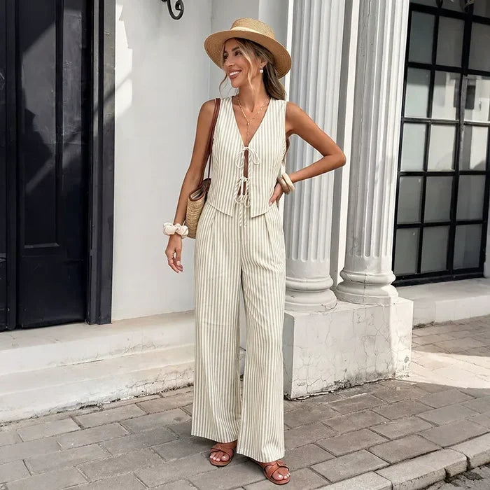 Striped V-Neck Tie-Front Vest And Wide-Leg Trousers Set