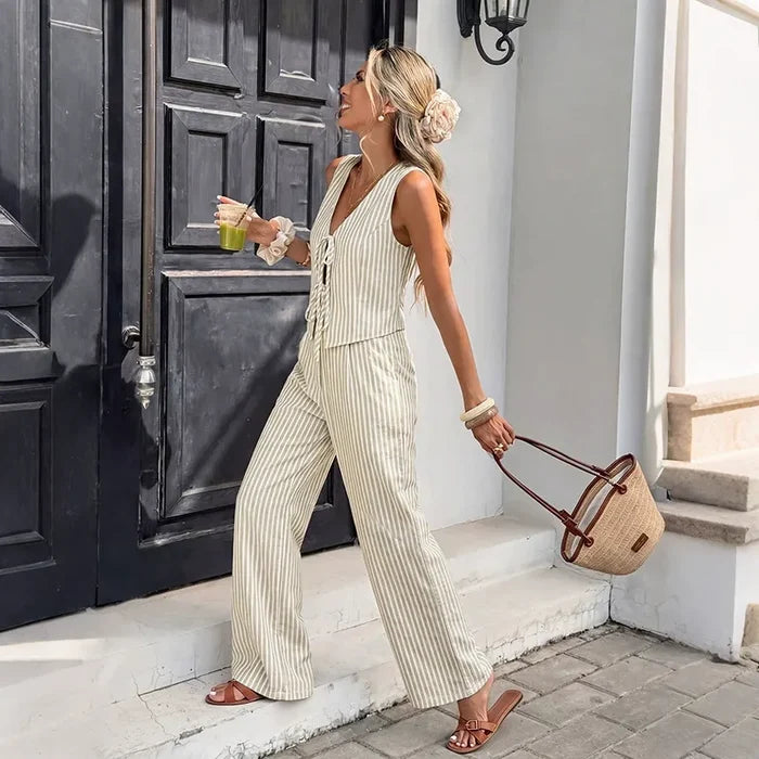 Striped V-Neck Tie-Front Vest And Wide-Leg Trousers Set