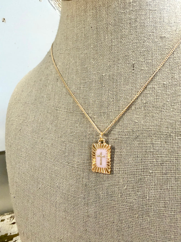 Sunburst Square Cross Pendant Necklace
