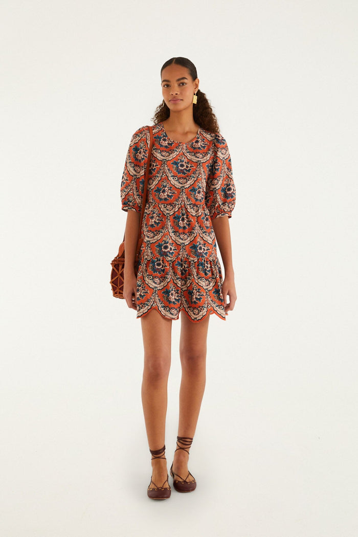 FARM Rio model wearing the Terracotta Victorian Floral Puff Sleeve Mini Dress