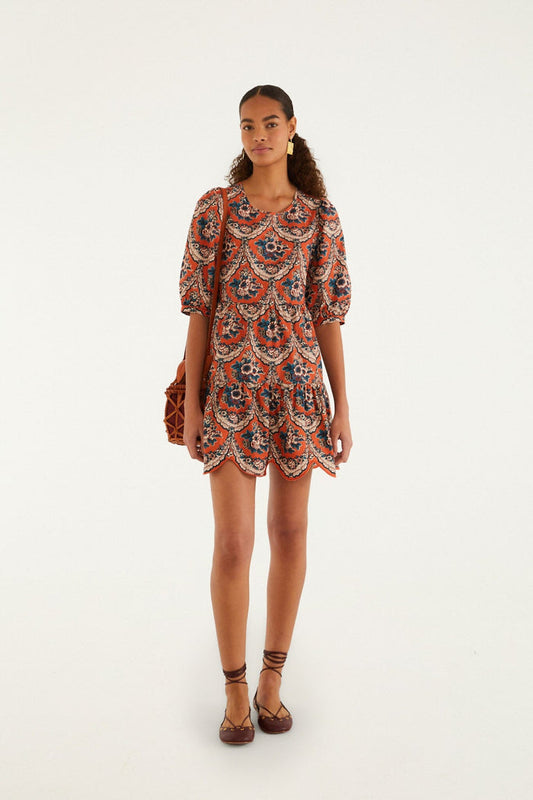FARM Rio model wearing the Terracotta Victorian Floral Puff Sleeve Mini Dress