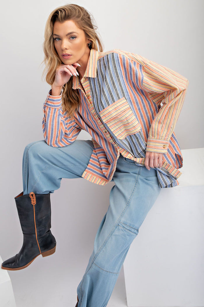 TEXTURED STRIPED WASHED COLOR MIX BUTTON DOWN
