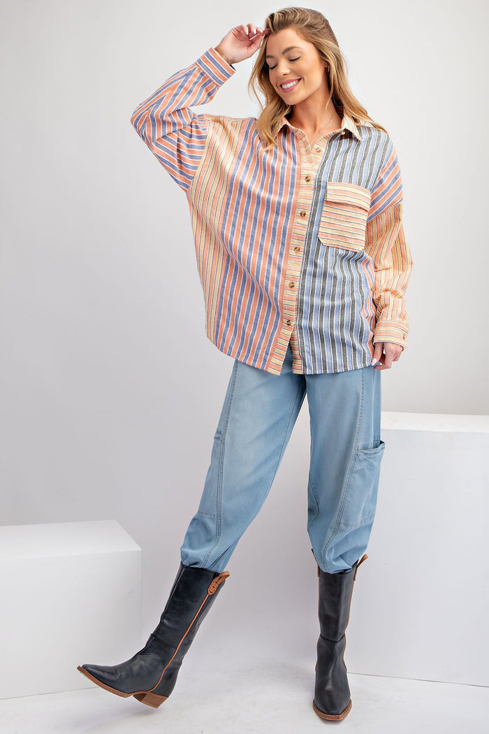 TEXTURED STRIPED WASHED COLOR MIX BUTTON DOWN