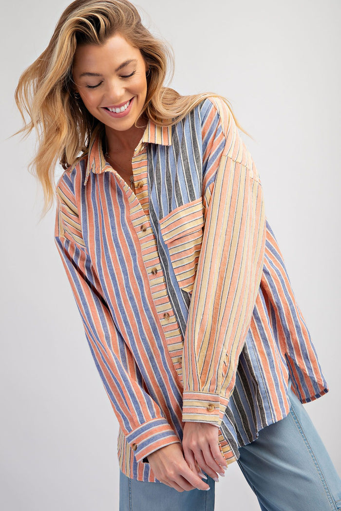 TEXTURED STRIPED WASHED COLOR MIX BUTTON DOWN