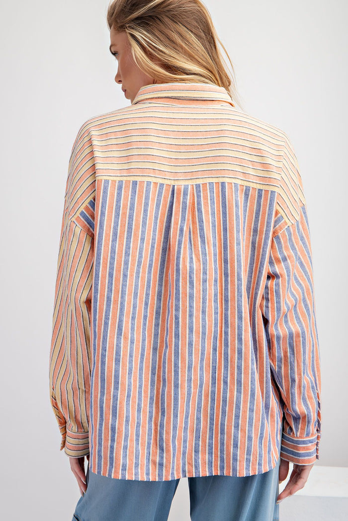 TEXTURED STRIPED WASHED COLOR MIX BUTTON DOWN