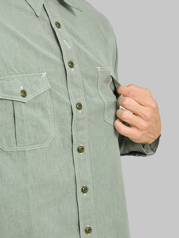 The Rite Stuff Railhead Engineer Selvedge Salt & Pepper Work Shirt Sage Green