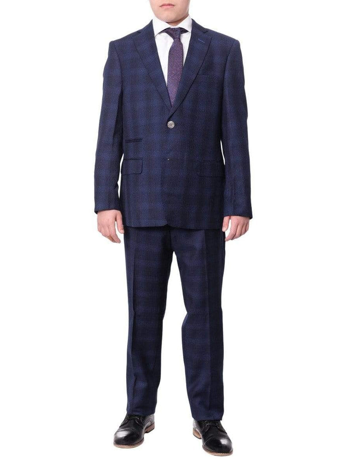 The Suit Depot Boys Navy Blue Plaid Husky Fit Suit - The Suit Depot