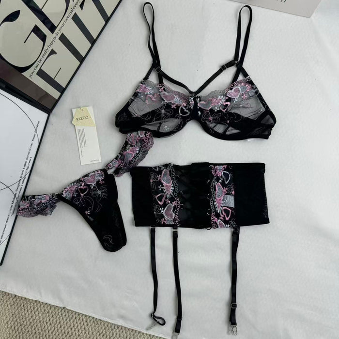 Three-Piece Embroidered Black mesh Set