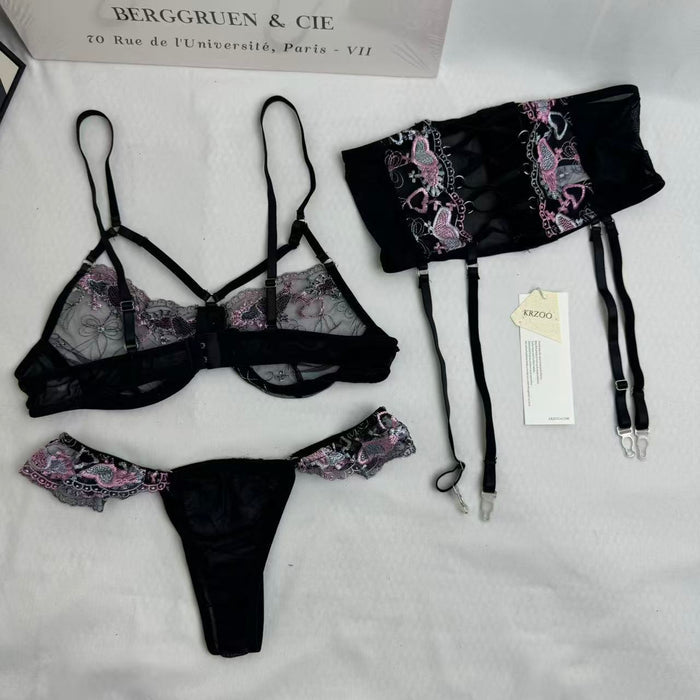 Three-Piece Embroidered Black mesh Set