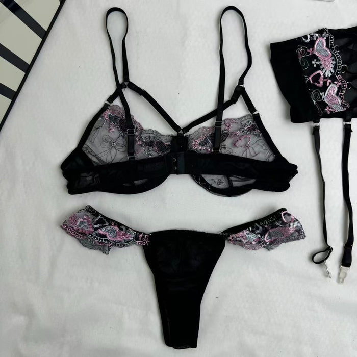 Three-Piece Embroidered Black mesh Set