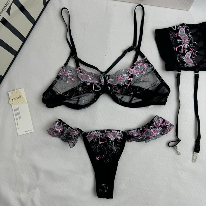 Three-Piece Embroidered Black mesh Set