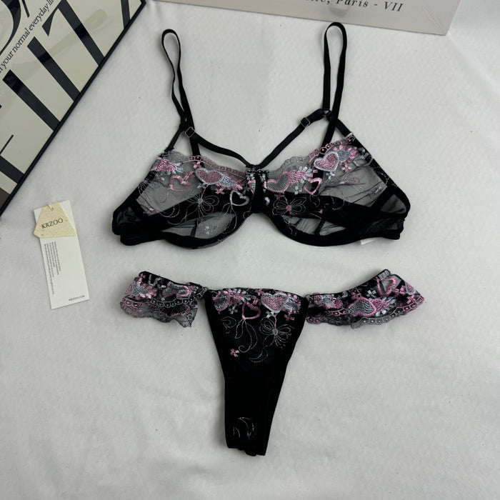 Three-Piece Embroidered Black mesh Set