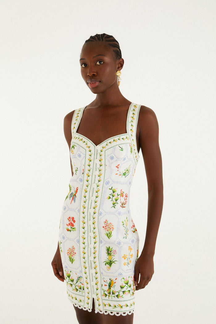 FARM Rio model wearing the Tropical Porcelain Off-White Mini Dress