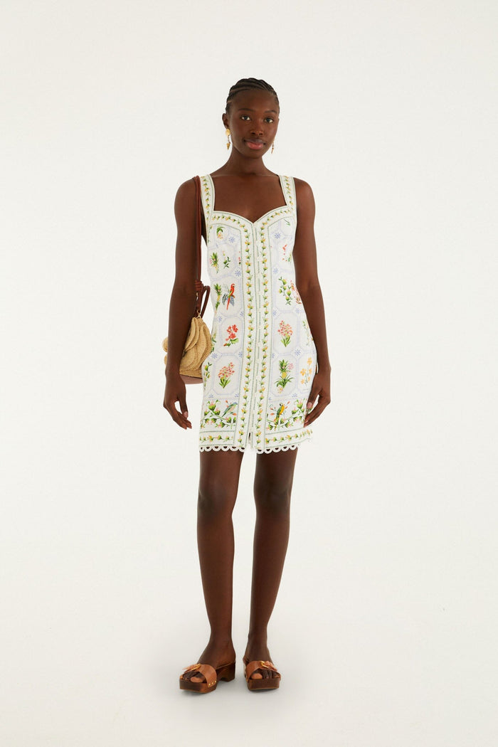 FARM Rio model wearing the Tropical Porcelain Off-White Mini Dress
