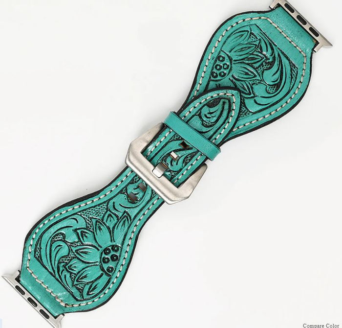 Turquoise Floral Tooled Leather Watch Band