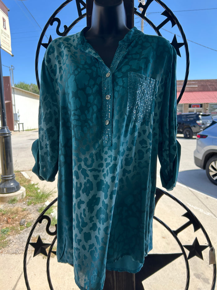 Turquoise Leopard Sequin Pocket Top