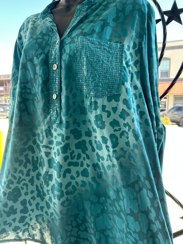 Turquoise Leopard Sequin Pocket Top