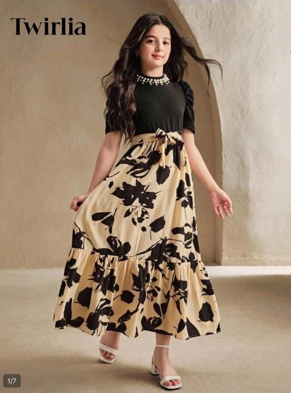 Twirlia Girls Black & Beige Floral Ruffle Maxi Dress