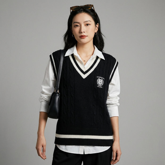 Gilet pull bicolore noir et blanc col V style universitaire - Koreanxwear - Taille One size