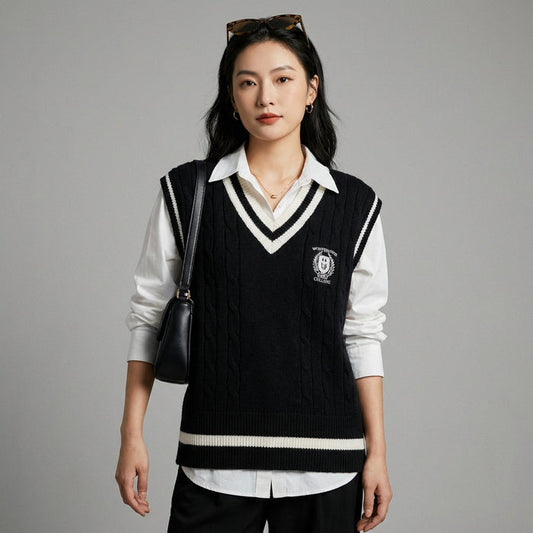 Gilet pull bicolore noir et blanc col V style universitaire - Koreanxwear - Taille One size