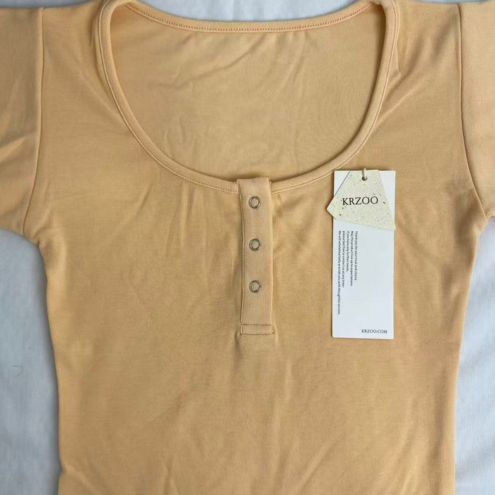 U-neck short puff-sleeved solid-color T-shirt