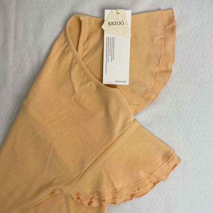 U-neck short puff-sleeved solid-color T-shirt