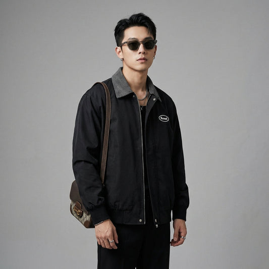 Veste bomber color block noire pour un style streetwear moderne - Koreanxwear - Taille M