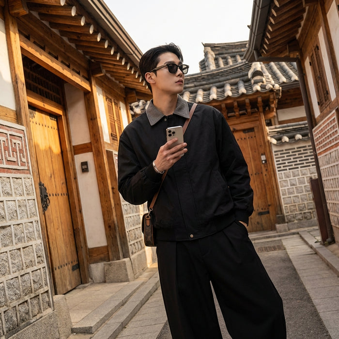 Veste bomber color block noire pour un style streetwear moderne - Koreanxwear